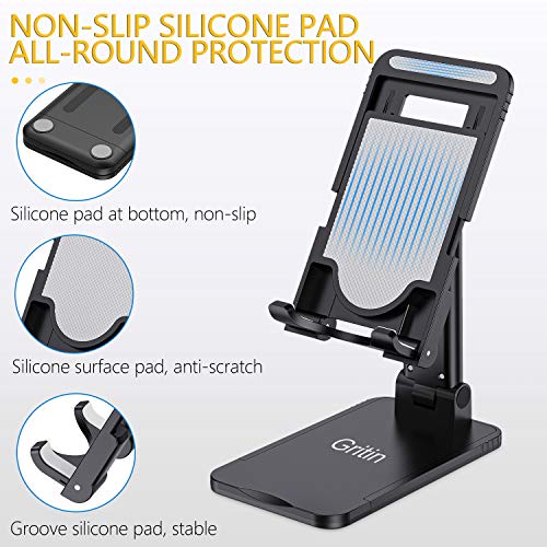 Gritin Soporte Móvil, Multiángulo Soporte Teléfono Mesa, Soporte Dock Base Plegable&Portátil con Almohadilla de Silicona Antideslizante para Teléfono Móvil iPhone, Android y Tablet