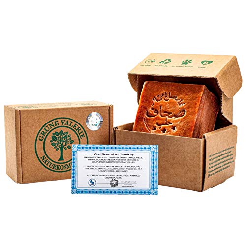 Grüne Valerie® Jabón original de Alepo 200g+ 70% / 30% aceite de laurel/aceite de oliva - jabón para el cabello/jabón de ducha Valor PH 8 Detox, hecho a mano - más de 6 años madurado,