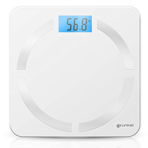 Grunkel - BB-FITNESS - Báscula de baño Fitness con conectividad inalámbrica y APP gratuita. Informes corporales detallados - 30 x 30 cm - Blanco