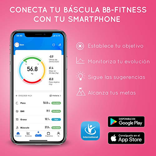 Grunkel - BB-FITNESS - Báscula de baño Fitness con conectividad inalámbrica y APP gratuita. Informes corporales detallados - 30 x 30 cm - Blanco