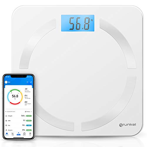 Grunkel - BB-FITNESS - Báscula de baño Fitness con conectividad inalámbrica y APP gratuita. Informes corporales detallados - 30 x 30 cm - Blanco
