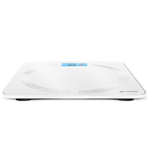 Grunkel - BB-FITNESS - Báscula de baño Fitness con conectividad inalámbrica y APP gratuita. Informes corporales detallados - 30 x 30 cm - Blanco