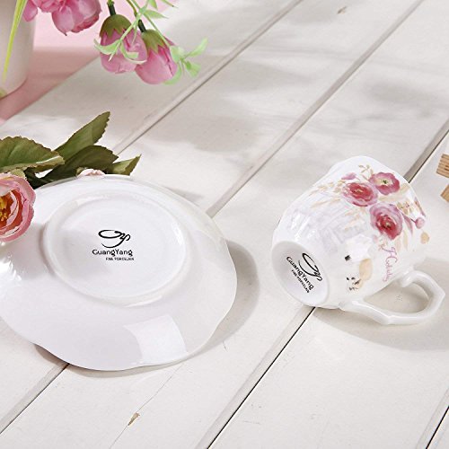 GuangYang Juegos Tazas de Café Porcelana Vintage - 7OZ/220ML Conjuntos de Taza y Platillo Inglesa Patrón de Rosa Flores Set de 6 Tazas de Té/Cappuccino