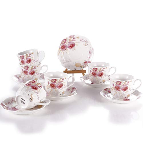 GuangYang Juegos Tazas de Café Porcelana Vintage - 7OZ/220ML Conjuntos de Taza y Platillo Inglesa Patrón de Rosa Flores Set de 6 Tazas de Té/Cappuccino