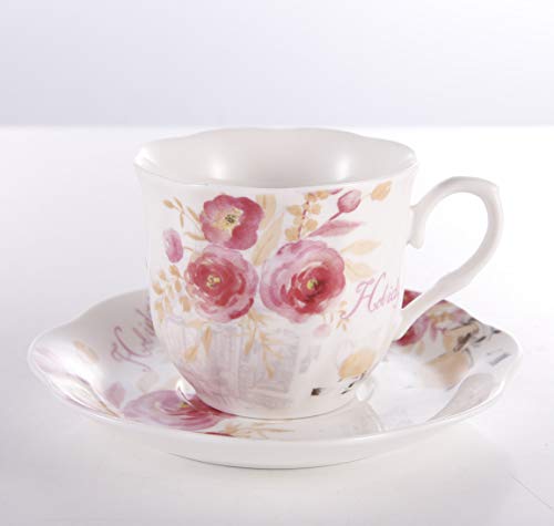GuangYang Juegos Tazas de Café Porcelana Vintage - 7OZ/220ML Conjuntos de Taza y Platillo Inglesa Patrón de Rosa Flores Set de 6 Tazas de Té/Cappuccino