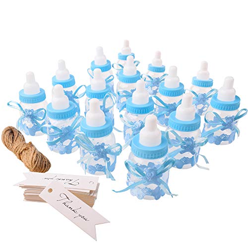 Gudotra 125 Packs 24pcs Biberones Bautizo Plastico Azul Botella Dulces + 100pcs Tarjetas Blanco+10 Metros Cuerda de Yute para Recuerdo de Bautizo Baby Shower