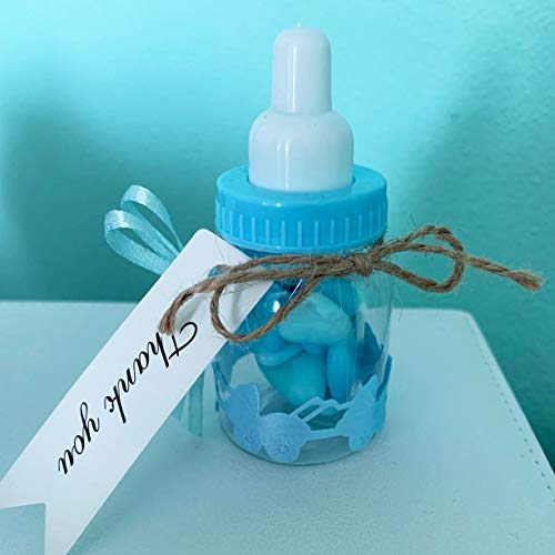 Gudotra 125 Packs 24pcs Biberones Bautizo Plastico Azul Botella Dulces + 100pcs Tarjetas Blanco+10 Metros Cuerda de Yute para Recuerdo de Bautizo Baby Shower