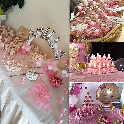 Gudotra 125 Packs 24pcs Biberones Bautizo Plastico Rosa Botella Dulces + 100pcs Tarjetas Blanco + 10 Metros Cuerda de Yute para Recuerdo de Bautizo Baby Shower