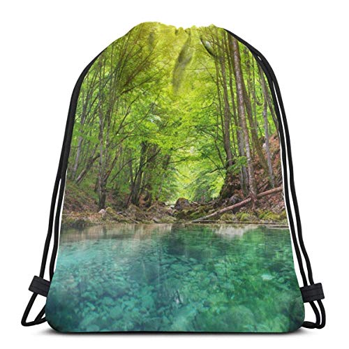 Guduss Shoulder Drawstring Bag Green Peaceful River Deep In Mountain Forest Nature Composition Beauty Water Stream Backpack Sport Bag String Bags School Rucksack Gym Travel Pouch Lightweight