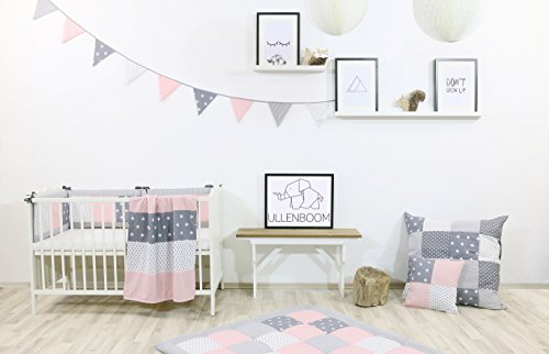 Guirnalda de banderines de ULLENBOOM ® con rosa gris (guirnalda de tela: 1,90 m; 5 banderines; decoración para la habitación de los niños; fiestas de bienvenida para bebés)