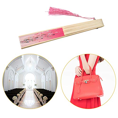 GuKKK Abanicos de Mano Plegable, 4 Pcs Ventilador de Mano Japones, Plegables Florales de Mano Plegable, Hechos a Mano Estilo Retro, Abanico Madera con Borla para Tapices de Regalo de Fiesta de Boda