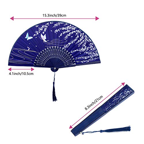 GuKKK Abanicos de Mano Plegable, 4 Pcs Ventilador de Mano Japones, Plegables Florales de Mano Plegable, Hechos a Mano Estilo Retro, Abanico Madera con Borla para Tapices de Regalo de Fiesta de Boda