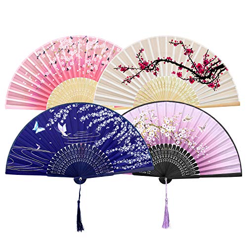 GuKKK Abanicos de Mano Plegable, 4 Pcs Ventilador de Mano Japones, Plegables Florales de Mano Plegable, Hechos a Mano Estilo Retro, Abanico Madera con Borla para Tapices de Regalo de Fiesta de Boda