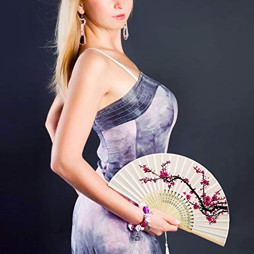 GuKKK Abanicos de Mano Plegable, 4 Pcs Ventilador de Mano Japones, Plegables Florales de Mano Plegable, Hechos a Mano Estilo Retro, Abanico Madera con Borla para Tapices de Regalo de Fiesta de Boda