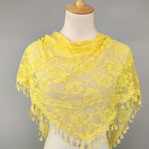 Gusspower Bufandas para Mujer,Encaje Borla Impresión Floral Triángulo Mantilla Mantón Bufanda 148x48cm (Amarillo)