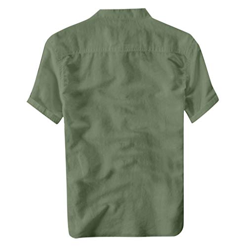 Gusspower Camiseta de algodón y Lino de Manga Corta para Hombre Camisas Retro holgadas de Color Liso Collar de pie Camisa de Playa Casual de Verano Tallas Grandes Fresco y Transpirable Tops Blusa