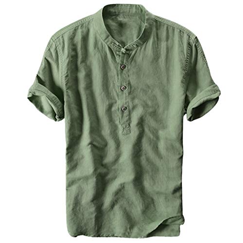 Gusspower Camiseta de algodón y Lino de Manga Corta para Hombre Camisas Retro holgadas de Color Liso Collar de pie Camisa de Playa Casual de Verano Tallas Grandes Fresco y Transpirable Tops Blusa