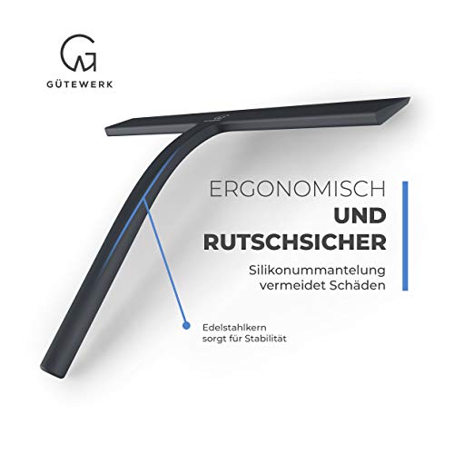 GÜTEWERK rasqueta limpiacristales para Ducha y mampara Profesional con Colgador Ventosa - Negro - 28 cm - sin taladrar ni Pegar - Silicona y Acero Inoxidable