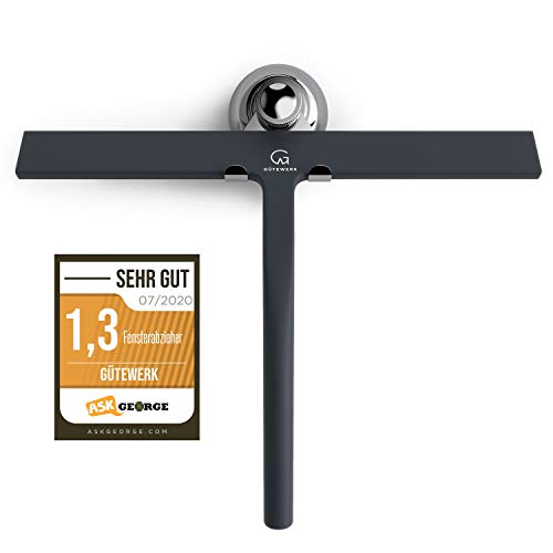 GÜTEWERK rasqueta limpiacristales para Ducha y mampara Profesional con Colgador Ventosa - Negro - 28 cm - sin taladrar ni Pegar - Silicona y Acero Inoxidable