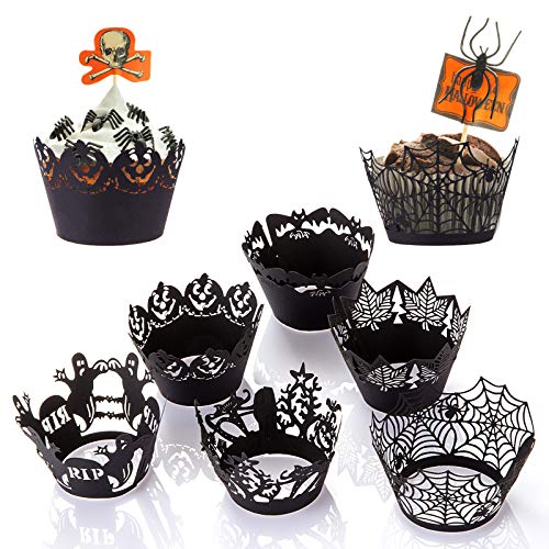 GWHOLE 36 Piezas Cupcake Wrappers Halloween Decoraciones Papel para Magdalenas Tema de Halloween Adornos Torta Taza de Papel para Fiestas
