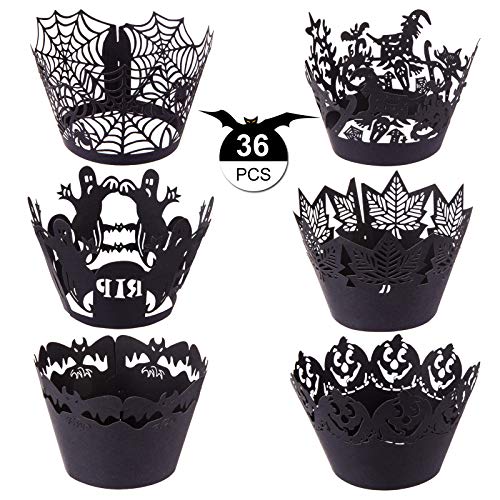 GWHOLE 36 Piezas Cupcake Wrappers Halloween Decoraciones Papel para Magdalenas Tema de Halloween Adornos Torta Taza de Papel para Fiestas