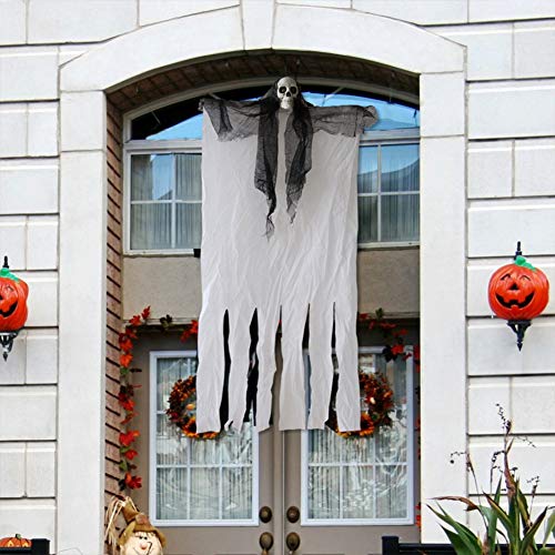 Gxklmg Colgando de Halloween Decoraciones de Esqueleto Fantasma Enciende para Arriba Ojos de Miedo 'Bienvenida' Voz de Cortina de Control de Sonido del Demonio de Halloween de los apoyos,Blanco