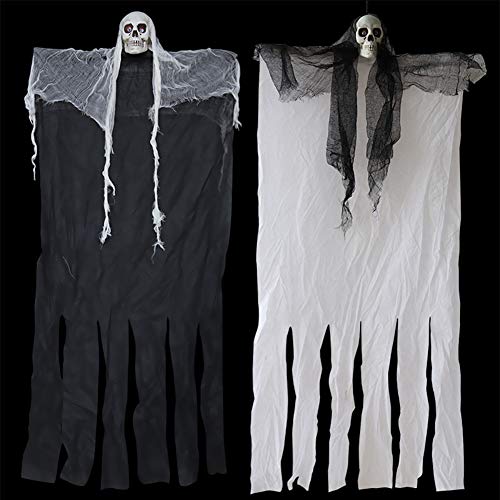 Gxklmg Colgando de Halloween Decoraciones de Esqueleto Fantasma Enciende para Arriba Ojos de Miedo 'Bienvenida' Voz de Cortina de Control de Sonido del Demonio de Halloween de los apoyos,Blanco