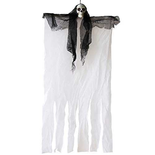 Gxklmg Colgando de Halloween Decoraciones de Esqueleto Fantasma Enciende para Arriba Ojos de Miedo 'Bienvenida' Voz de Cortina de Control de Sonido del Demonio de Halloween de los apoyos,Blanco