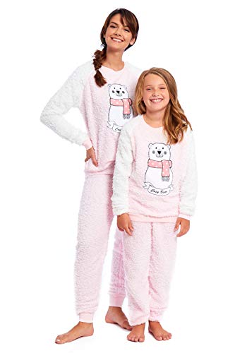 Habigail - Conjunto de pijama para mujer con forro polar cálido y pijamas para mamá e hija Rosa - Oso polar Small