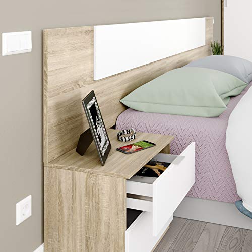 Habitdesign 016075F - Cabezal y mesitas de Noche, cabecero Acabado en Color Roble Canadian y Blanco Artik, Medidas: 247 x 95 x 38 cm de Fondo