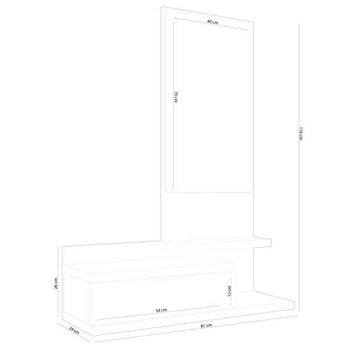 Habitdesign 016744W - Recibidor Dahila con un cajón y Espejo, Mueble Entrada Acabado en Blanco Brillo y Nature, Medidas: 116 cm (Alto) x 81 cm (Largo) x 29 cm (Fondo)