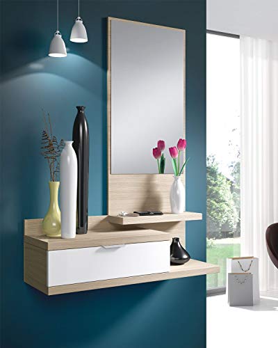 Habitdesign 016744W - Recibidor Dahila con un cajón y Espejo, Mueble Entrada Acabado en Blanco Brillo y Nature, Medidas: 116 cm (Alto) x 81 cm (Largo) x 29 cm (Fondo)