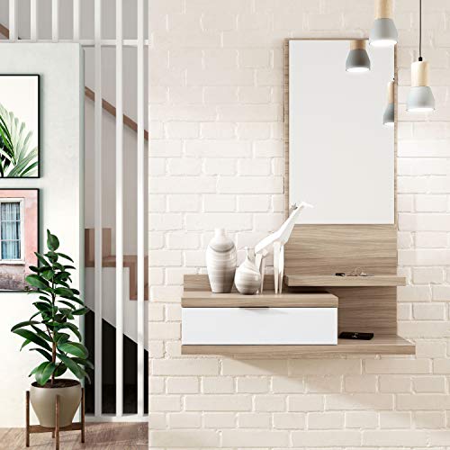 Habitdesign 016744W - Recibidor Dahila con un cajón y Espejo, Mueble Entrada Acabado en Blanco Brillo y Nature, Medidas: 116 cm (Alto) x 81 cm (Largo) x 29 cm (Fondo)