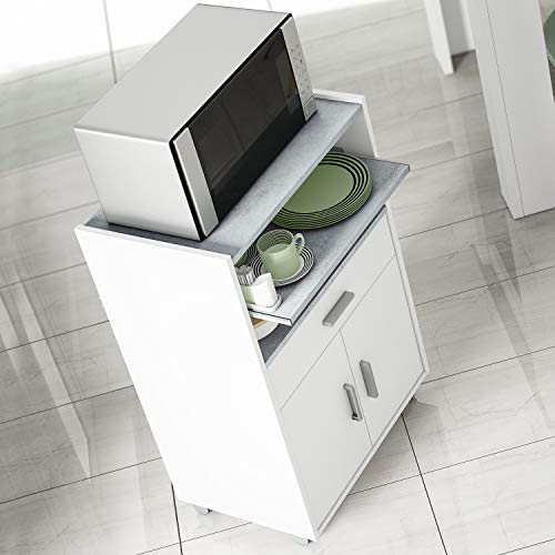 Habitdesign 0L9910O - Mueble auxiliar para microondas, mesa cocina con un cajón y dos puertas, color blanco y cemento, medidas: 92 x 59 x 40 cm de fondo