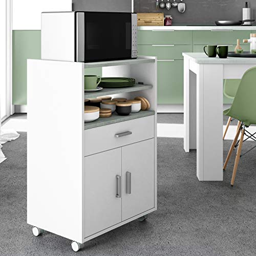 Habitdesign 0L9910O - Mueble auxiliar para microondas, mesa cocina con un cajón y dos puertas, color blanco y cemento, medidas: 92 x 59 x 40 cm de fondo