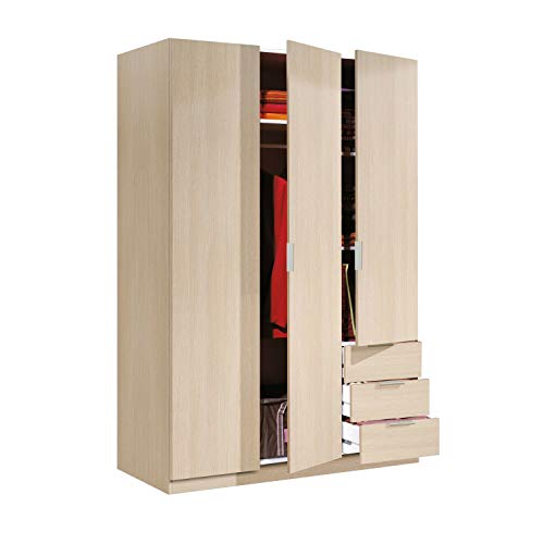 Habitdesign LCX323R - Armario ropero de Tres Puertas y Tres cajones, Color Roble, Medidas 121 cm (Largo) x 180 cm (Alto) x 52 cm (Fondo)