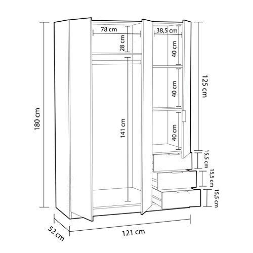 Habitdesign LCX323R - Armario ropero de Tres Puertas y Tres cajones, Color Roble, Medidas 121 cm (Largo) x 180 cm (Alto) x 52 cm (Fondo)