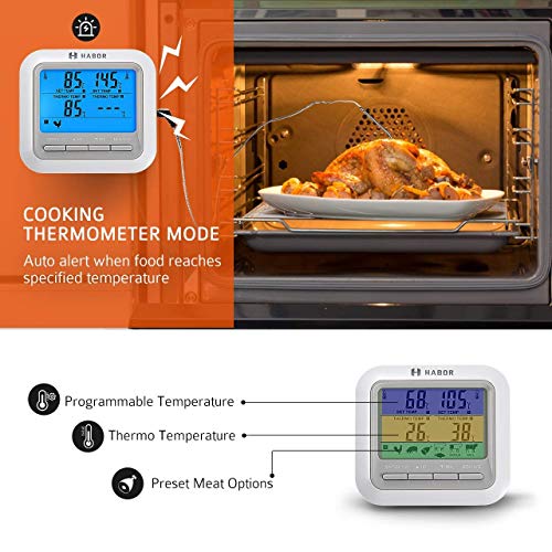 Habor Termometro Horno,Termómetro Digital de Cocina, Termómetro Temporizador con Pantalla LCD Grande y 2 Sondas para Cocina, Kitchen, Horno, Parilla, Líquido