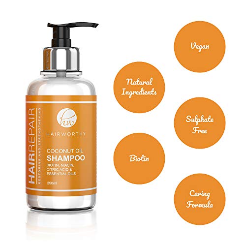 Hairworthy Hairrepair Shampoo/Champú De Aceite De Coco – BIOTINA, NIACINA, ÁCIDO CÍTRICO Y ACEITES ESENCIALES.
