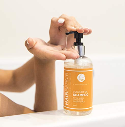 Hairworthy Hairrepair Shampoo/Champú De Aceite De Coco – BIOTINA, NIACINA, ÁCIDO CÍTRICO Y ACEITES ESENCIALES.
