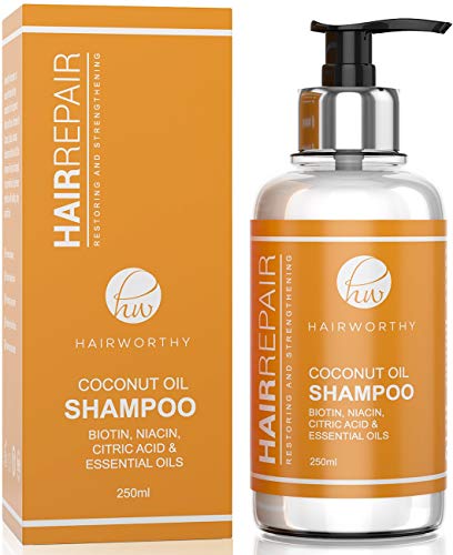Hairworthy Hairrepair Shampoo/Champú De Aceite De Coco – BIOTINA, NIACINA, ÁCIDO CÍTRICO Y ACEITES ESENCIALES.