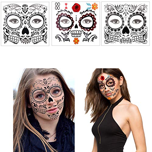 halloween tatuajes temporales de cara (11 hojas), halloween mascarada Día de los Muertos esqueleto cráneo cara tatuajes Pegatinas para mujeres Hombres adultos Niños Halloween Mascarada