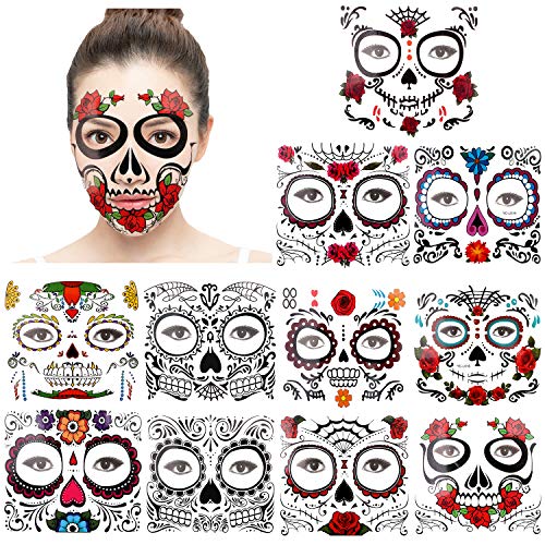 halloween tatuajes temporales de cara (11 hojas), halloween mascarada Día de los Muertos esqueleto cráneo cara tatuajes Pegatinas para mujeres Hombres adultos Niños Halloween Mascarada