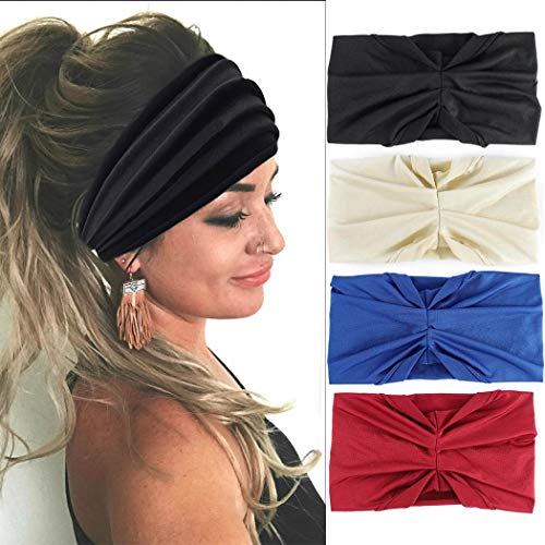 Handcess - Diademas para yoga con turbante ancho, color negro para correr, bandas elásticas para la cabeza para mujeres y niñas (paquete de 4)