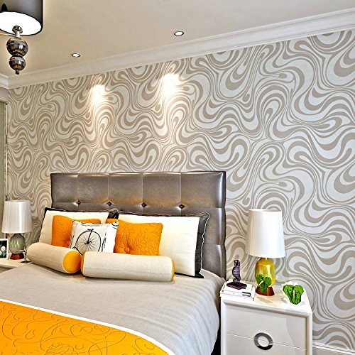 HANMERO - Papel pintado 3D moderno minimalista con curvas abstractas, no tejidas, papel pintado a rayas, para dormitorio, sala de estar, TV telón de fondo, color crema blanco y gris pardo