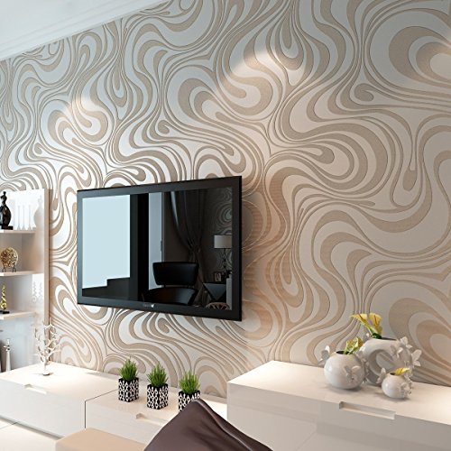 HANMERO - Papel pintado 3D moderno minimalista con curvas abstractas, no tejidas, papel pintado a rayas, para dormitorio, sala de estar, TV telón de fondo, color crema blanco y gris pardo