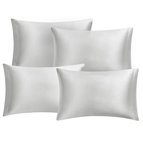 Hansleep Funda Almohada de Satén Sedoso, 50x75 cm 4 Piezas para Pelo Rizado - Microfibra Suave Liso sin Cremallera & Hipoalergénico Antiarrugas, Gris Claro