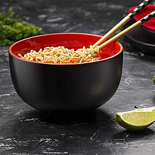 HAOQI Juego de Cuencos de Ramen de 4 Piezas, Cuencos de Sopa de melamina para Ramen, Pho, Fideos, Platos asiáticos, Apto para lavavajillas, Negro y Rojo, lo Mejor para los Amantes de los Fideos