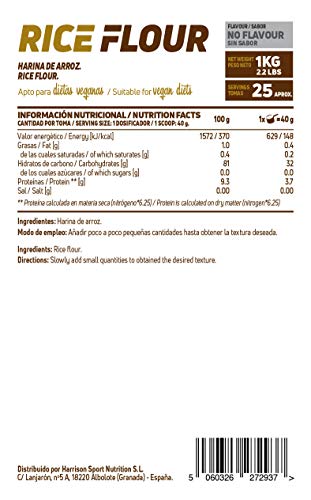 Harina de Arroz de HSN | Rice Flour | Energía Saludable 100% Natural | Formato de Finísima Textura en Polvo | Vegana, Sin Gluten, Sin Lactosa, Sin Soja, Sin Sabor, 1 Kg