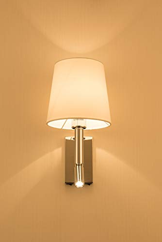 HARPER LIVING 1 luz de lectura LED ajustable de pared hacia abajo, 1 puerto USB y 2 interruptores de encendido/apagado, acabado, tela (pantalla cilíndrica), metal, cromo pulido y blanco